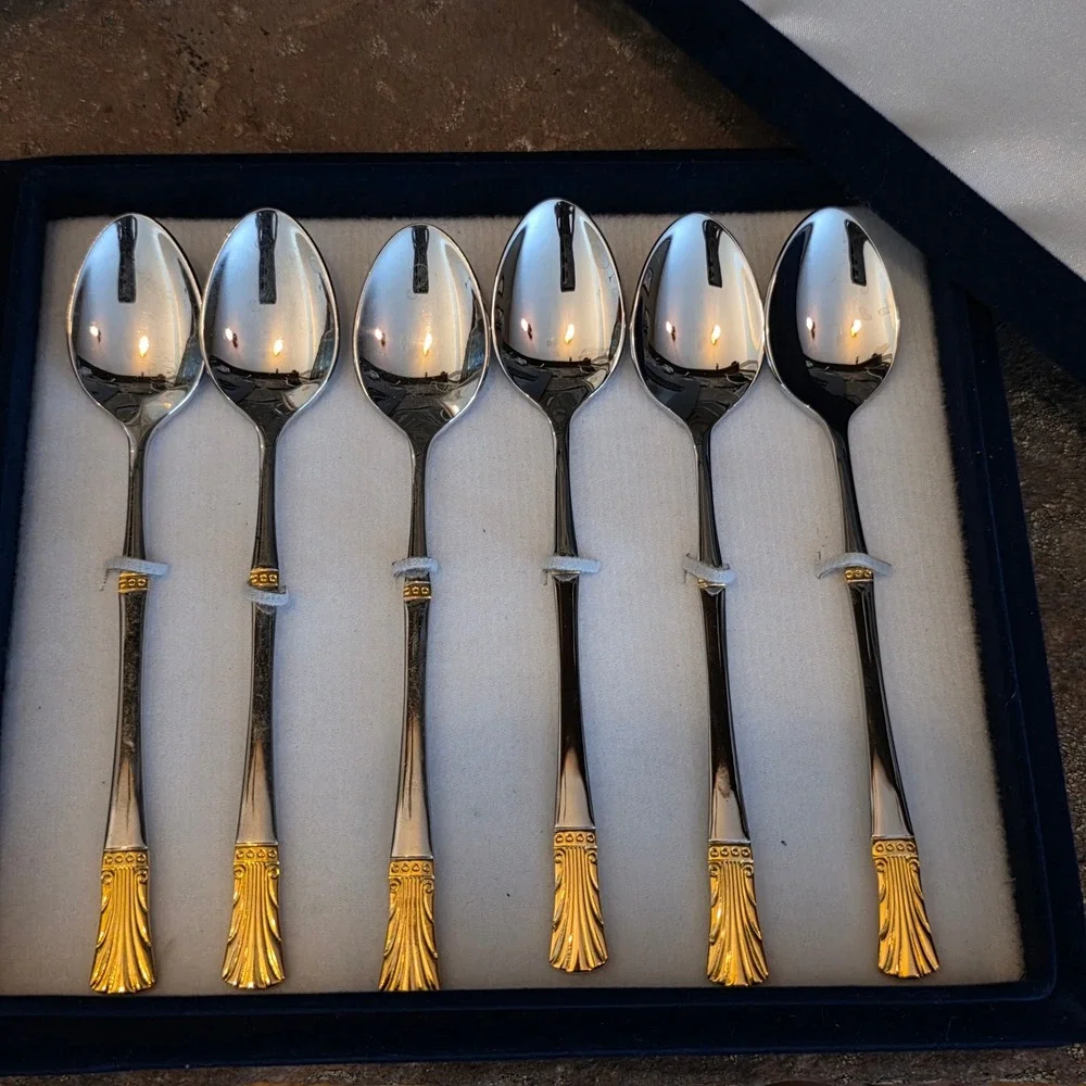 Baek San Royal 18-8 Stainless Steel Demitasse Spoons Gold Trim Set of 6 with Box